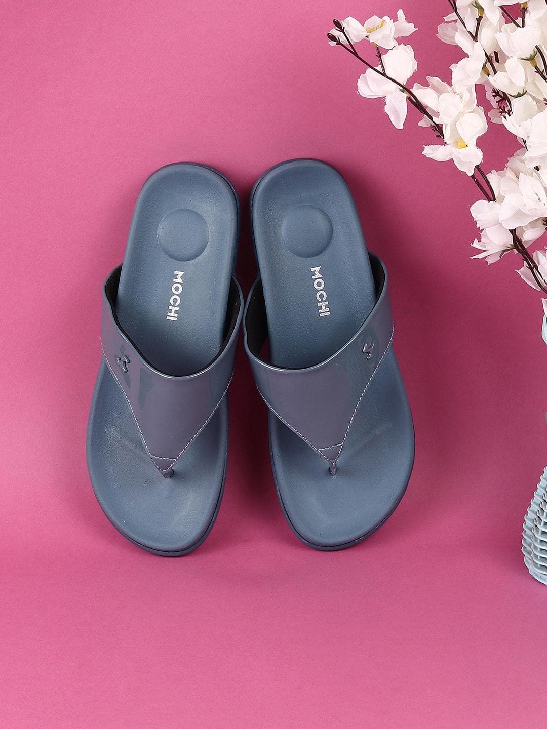 Mochi Womens Blue T-Strap Open Toe Comfort Flats