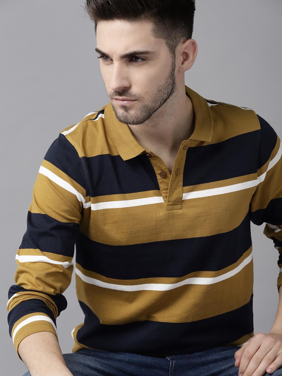 Roadster Men Khaki Navy Blue Pure Cotton Striped Polo Collar Pure Cotton T-shirt