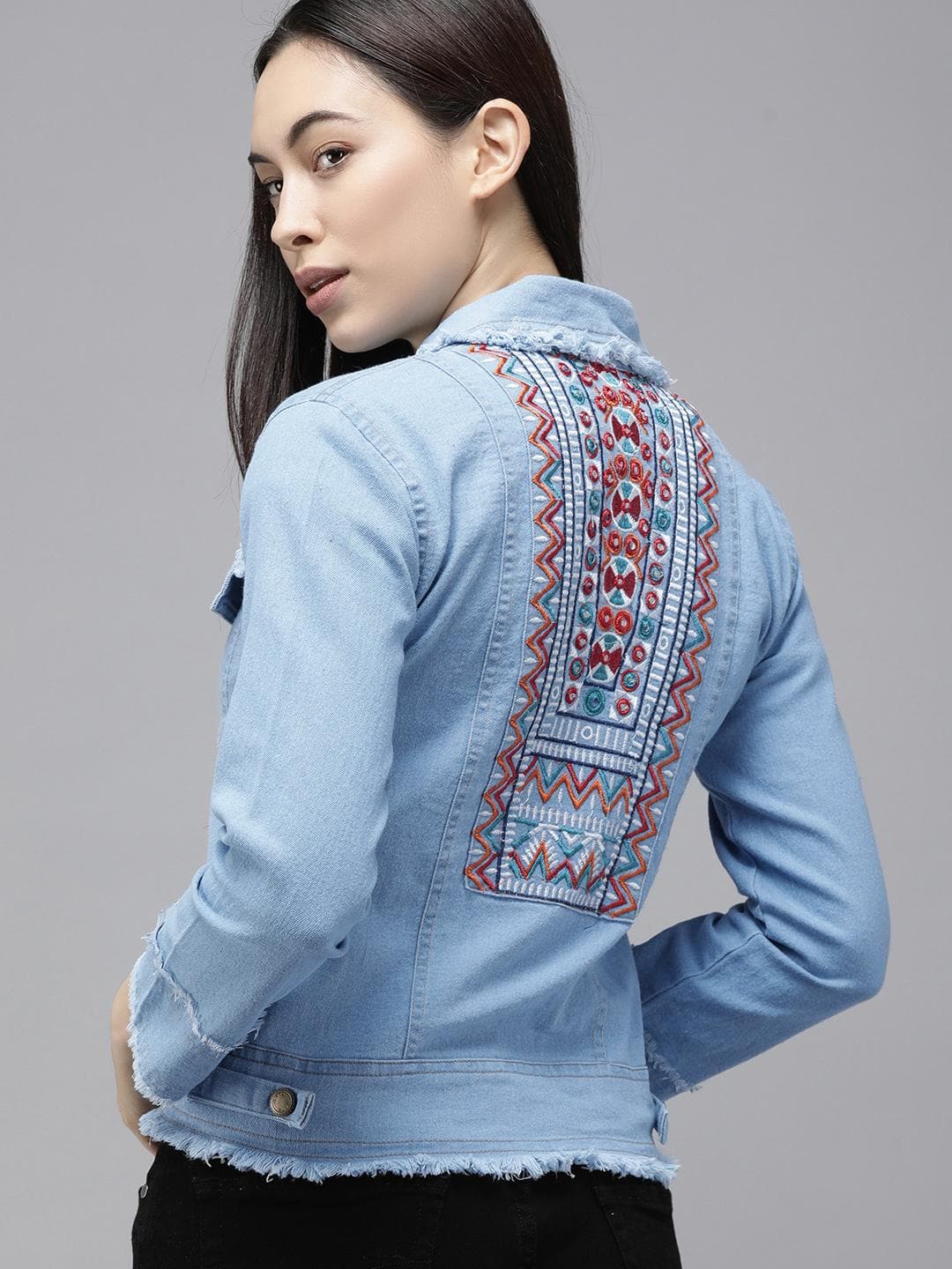VOXATI Women Blue Washed Crop Denim Jacket with Embroidered