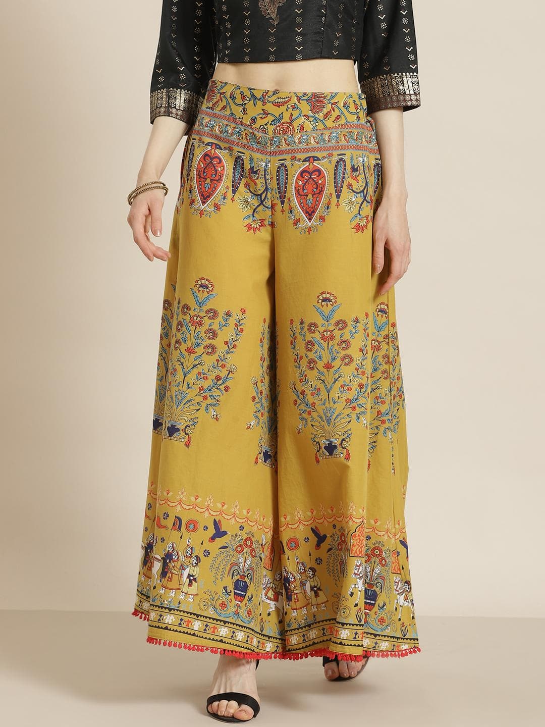 Juniper Women Mustard Yellow & Red Ethnic Motifs Printed Cotton Flared Palazzos