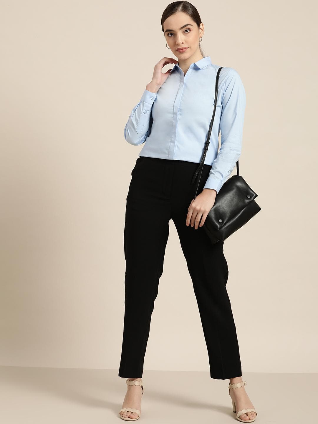 Hancock Women Blue Cotton Solid Slim Fit Formal Shirt