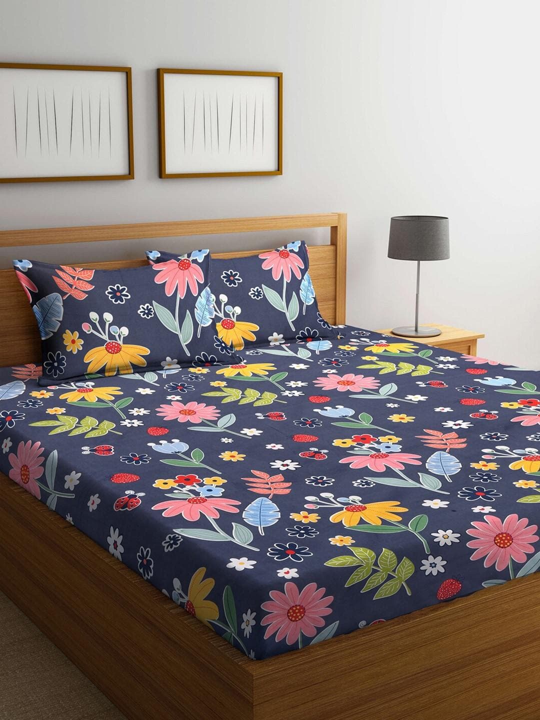 Buy KLOTTHE Blue Floral Polycotton 300 TC King Fine Bedsheet With 2 Pillow Covers 89 X 98 Inches - - Home for Unisex