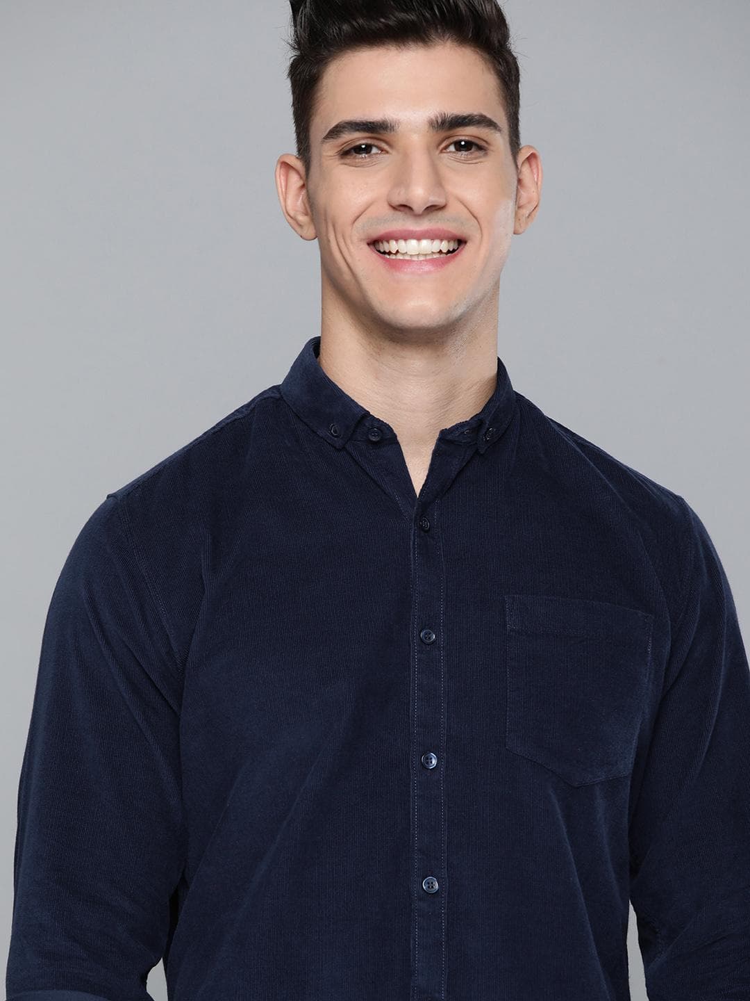 Mast & Harbour Men Navy Blue Cotton Solid Corduroy Casual Shirt