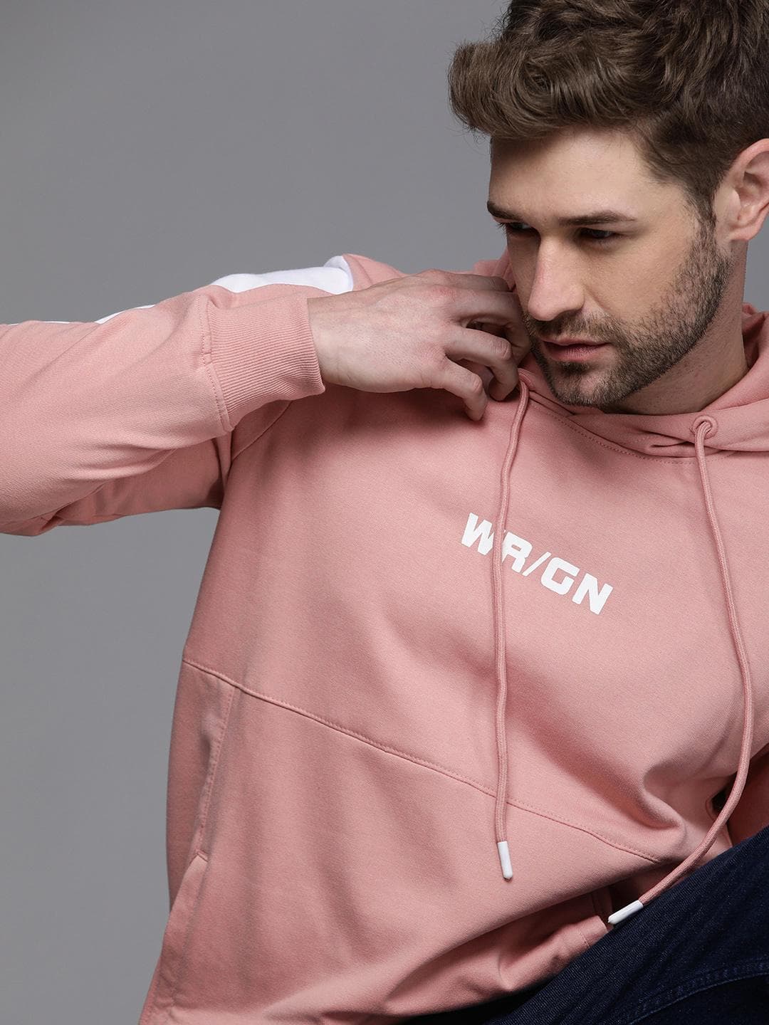 WROGN Men Pink Printed Hooded Pullover Sweatshirt