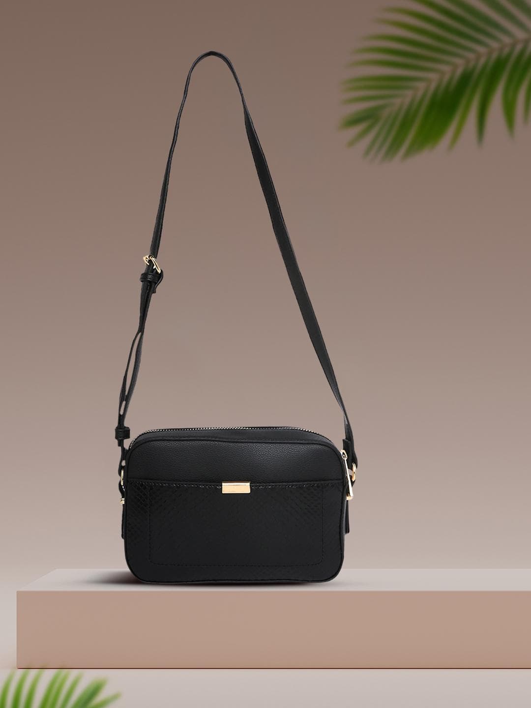 Accessorize London Women Faux Leather Black Piper Camera Croc Sling Bag