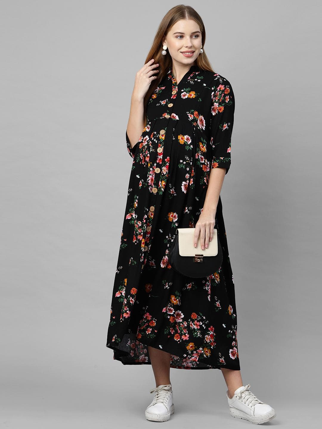 MomToBe Woman Black Floral Maternity Maxi Dress