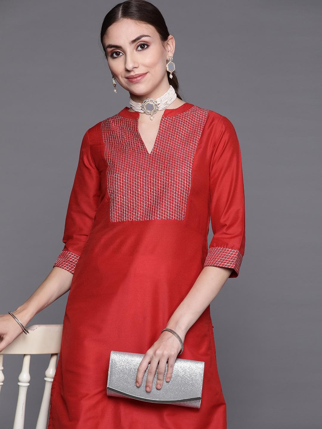 Biba Women Red Woven Yoke Design Kurta