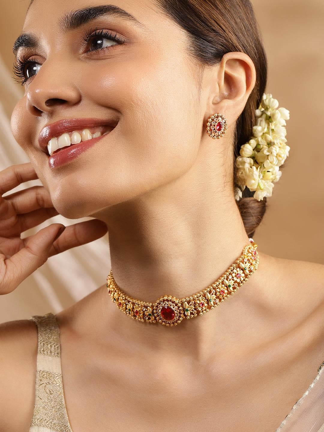 Buy Rubans 24K Gold Plated Ruby,Emerald & White Cubic Zirconia Stone Floral Choker Jewelry Set - - Accessories for Women