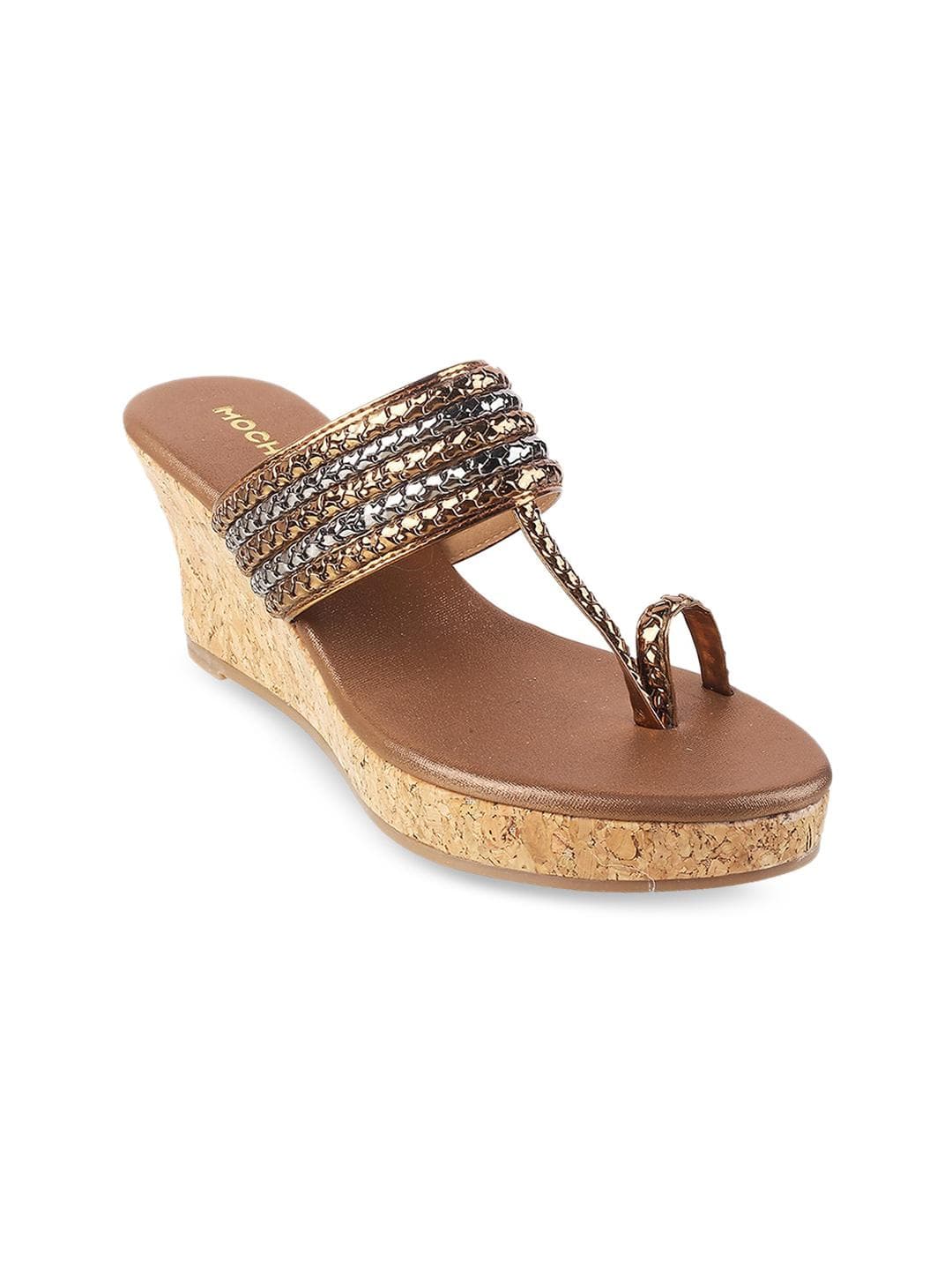 Mochi Women Gold-Toned & Silver-Toned Striped T - Strap Wedge