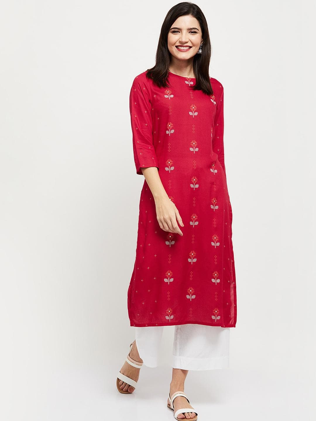 max Women Pink Geometric Mirror Work Kurta
