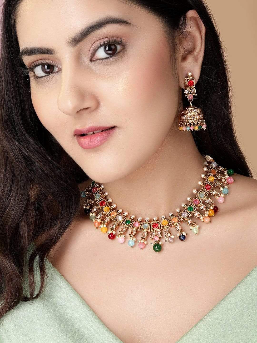 Buy Rubans Gold Plated Multi Color CZ Studded Pearl Beaded Handcrafted Jewellery Set - - Accessories for Women
