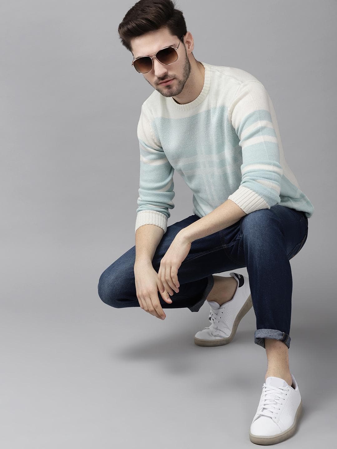 The Roadster Lifestyle Co Men Off White Checked Knitted Patterned Pullover