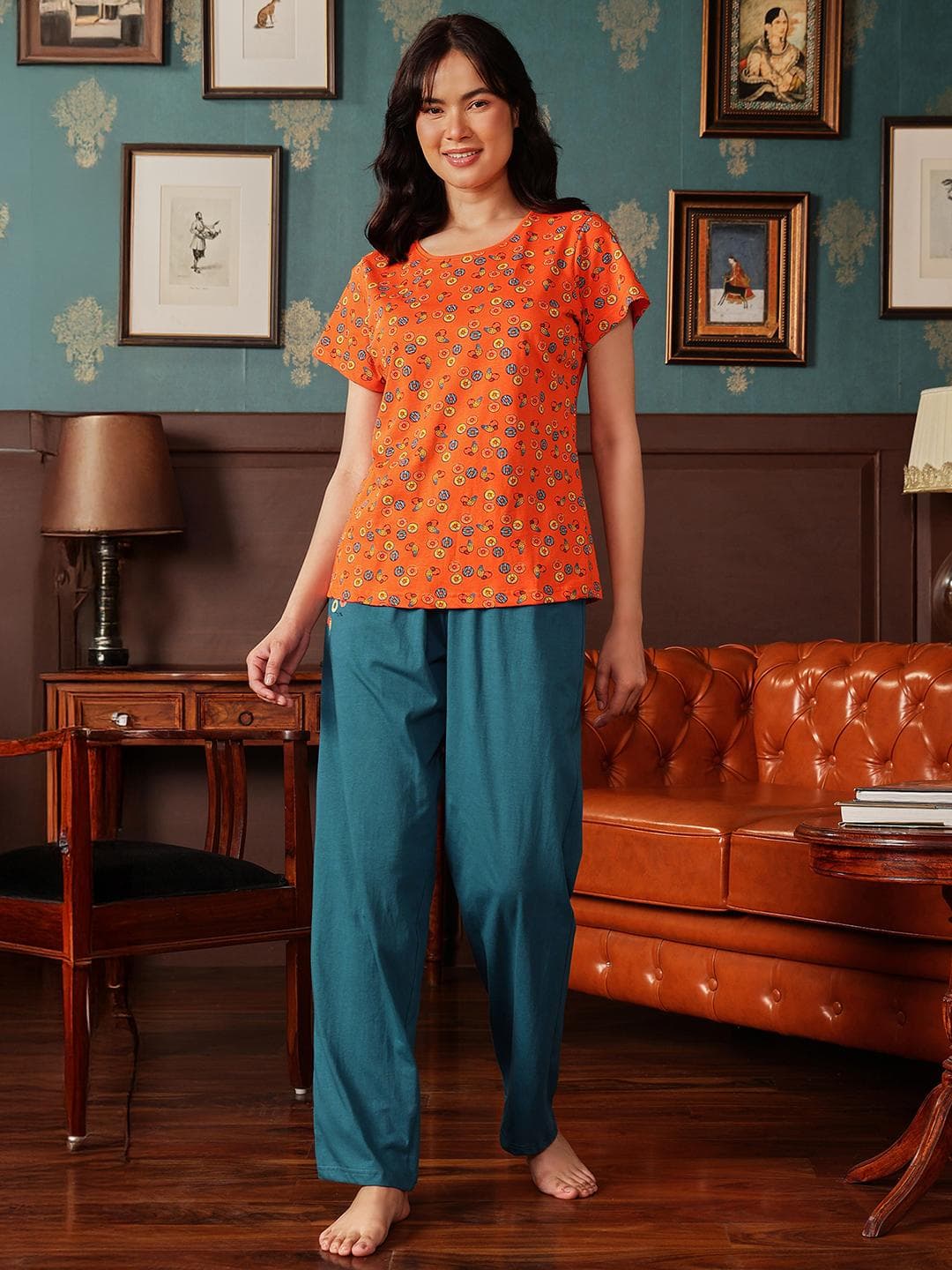 Clovia Women Orange & Teal Blue Printed Night suit