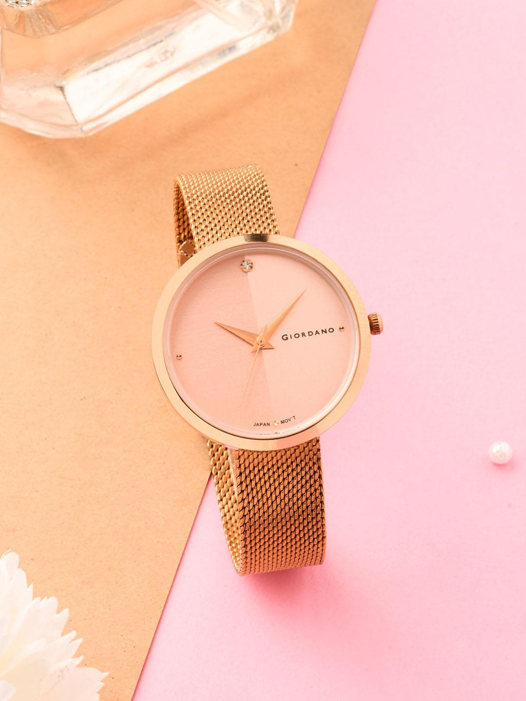 GIORDANO Women Rose Gold-Toned Brass Embellished Dial & Rose Gold Toned Bracelet Style Straps Analogue Watch