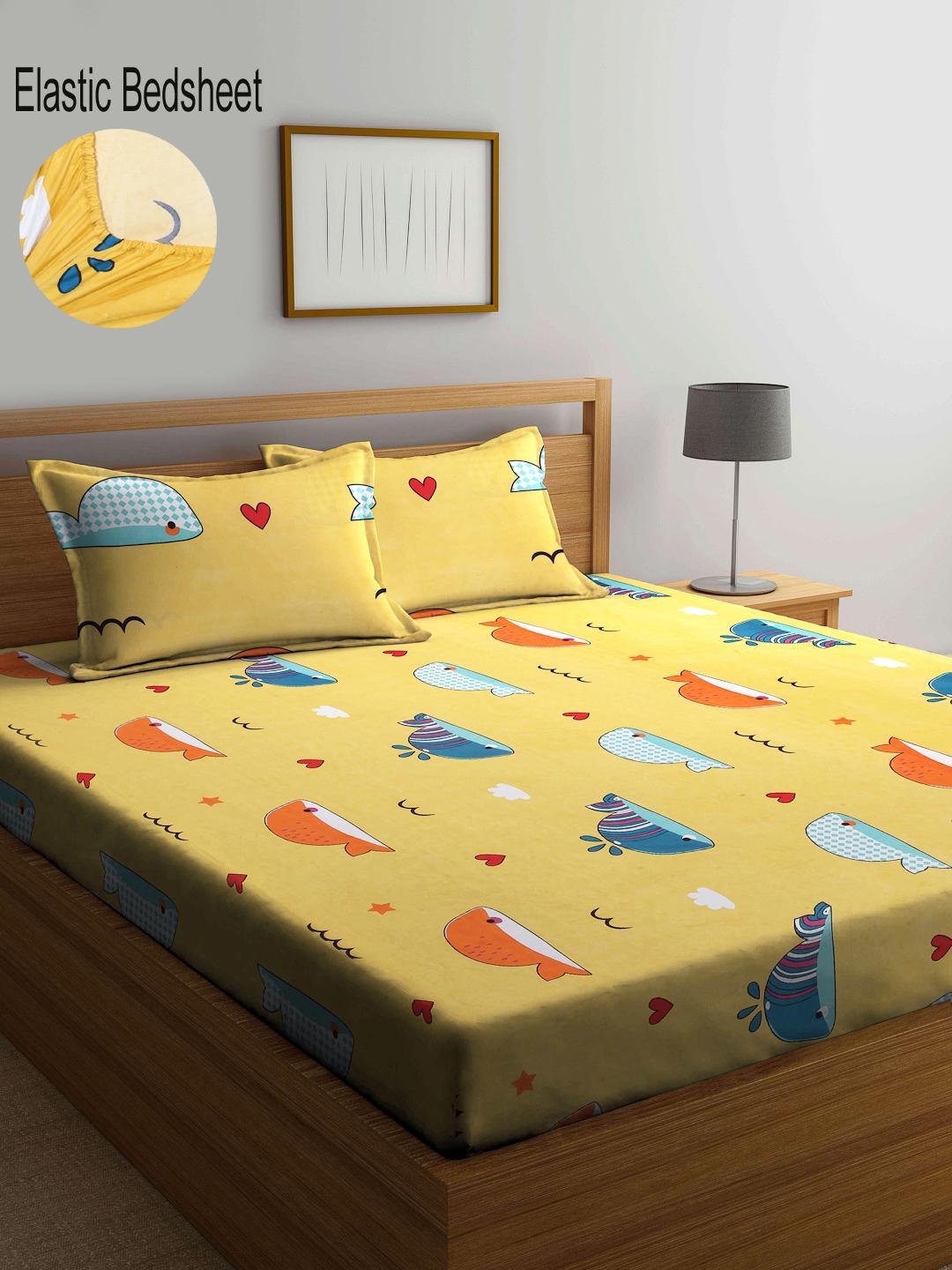 Buy KLOTTHE Yellow Conversational Cotton 300 TC Fitted King Fine Bedsheet With 2 Pillow Covers 98 X 87 Inches - - Home for Unisex