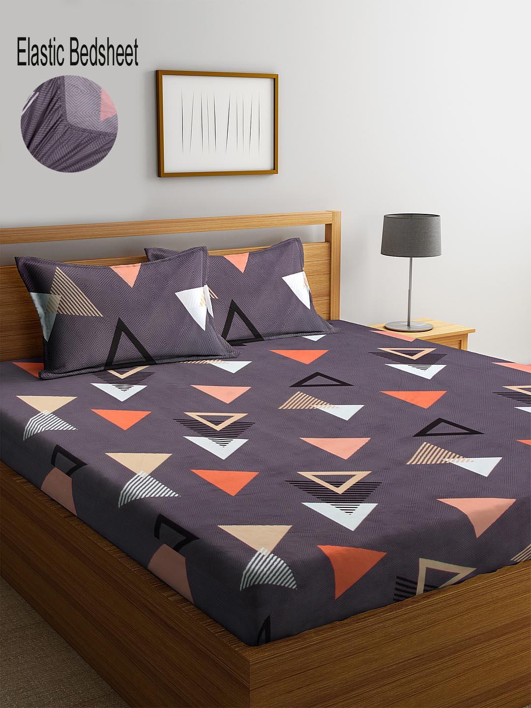 Buy KLOTTHE Purple Geometric Cotton 300 TC Fitted King Fine Bedsheet With 2 Pillow Covers 98 X 89 Inches - - Home for Unisex