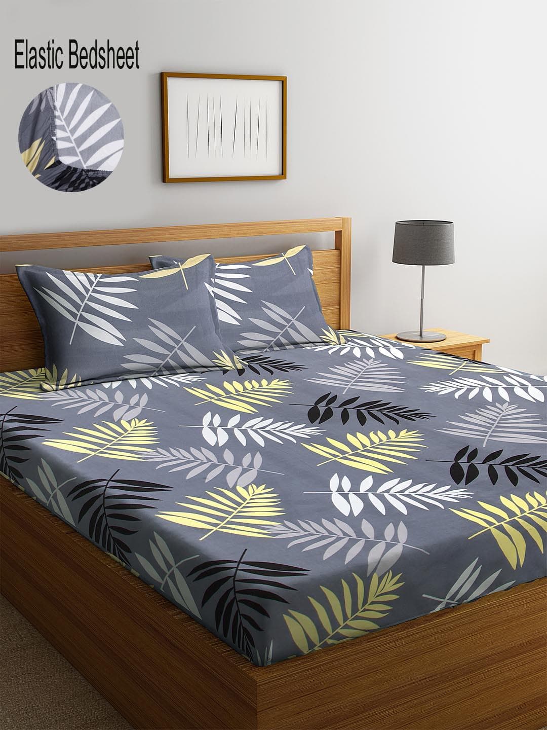 Buy KLOTTHE Grey Floral Polycotton 300 TC Fitted King Fine Bedsheet With 2 Pillow Covers 98 X 89 Inches - - Home for Unisex