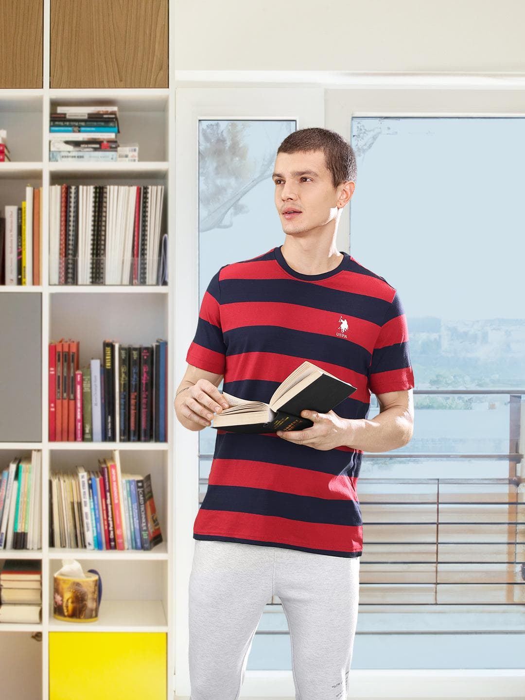 Buy U.S. Polo Assn. Men Red & Navy Blue Striped Comfort Fit Lounge T Shirt - - Apparel for Men