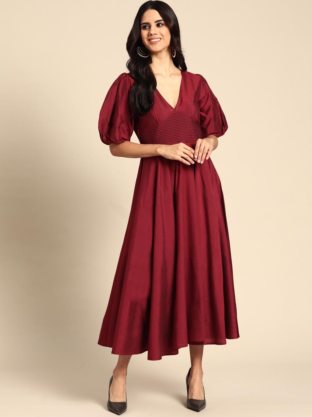 anayna Maroon Solid Balloon Sleeves Midi Dress