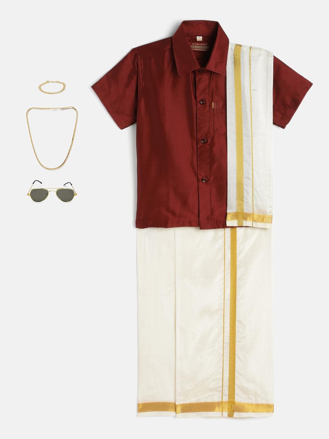 THANGAMAGAN Boys Maroon & Cream-Coloured Shirt - Lungi - Angavastram & Accessories