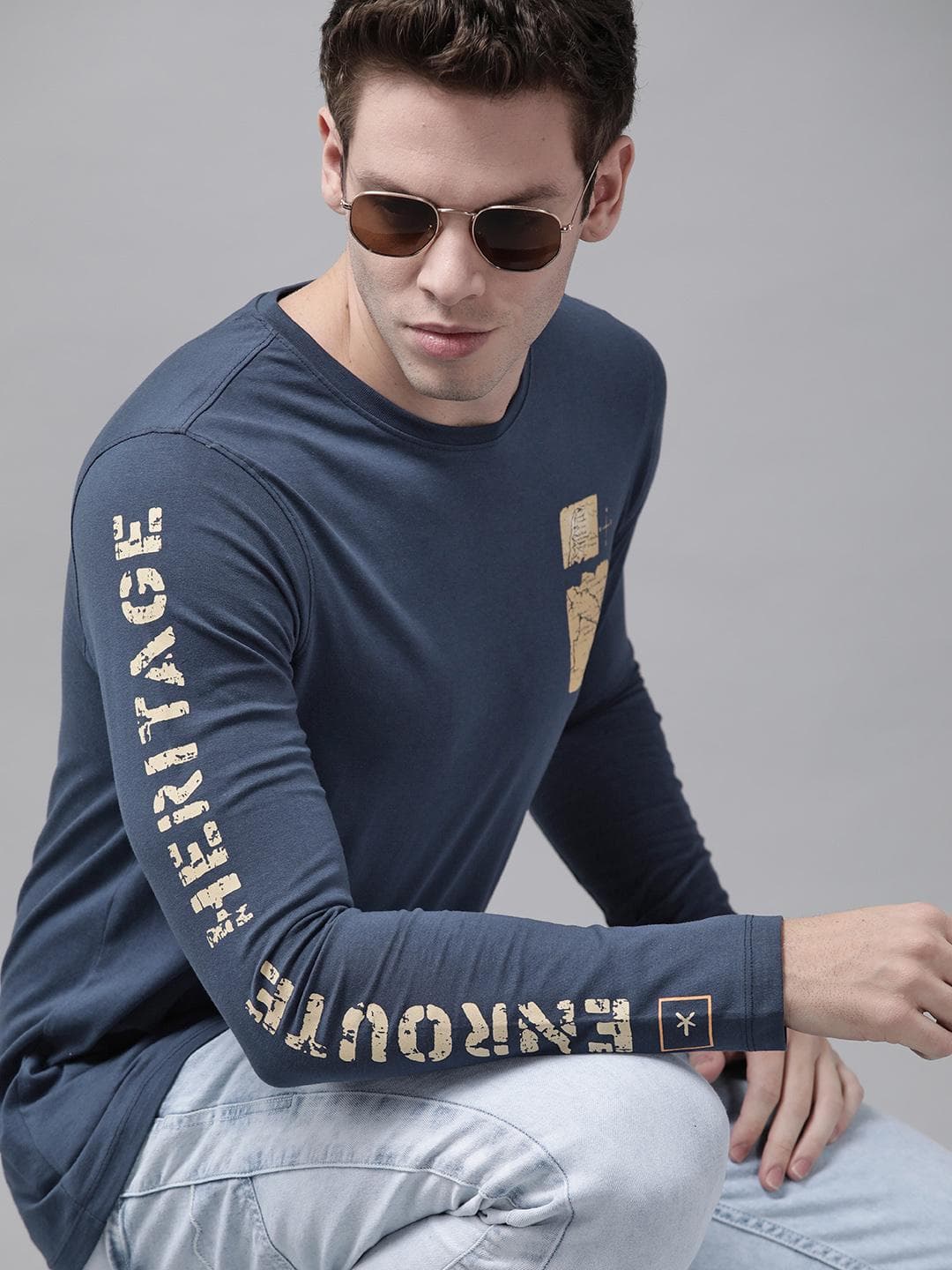 Roadster Men Navy Blue Printed Pure Cotton T-shirt