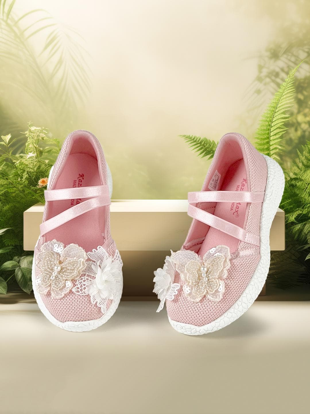 KazarMax Girls Peach Mesh Ballerina Embellished Butterfly Detail Lightweight Flat