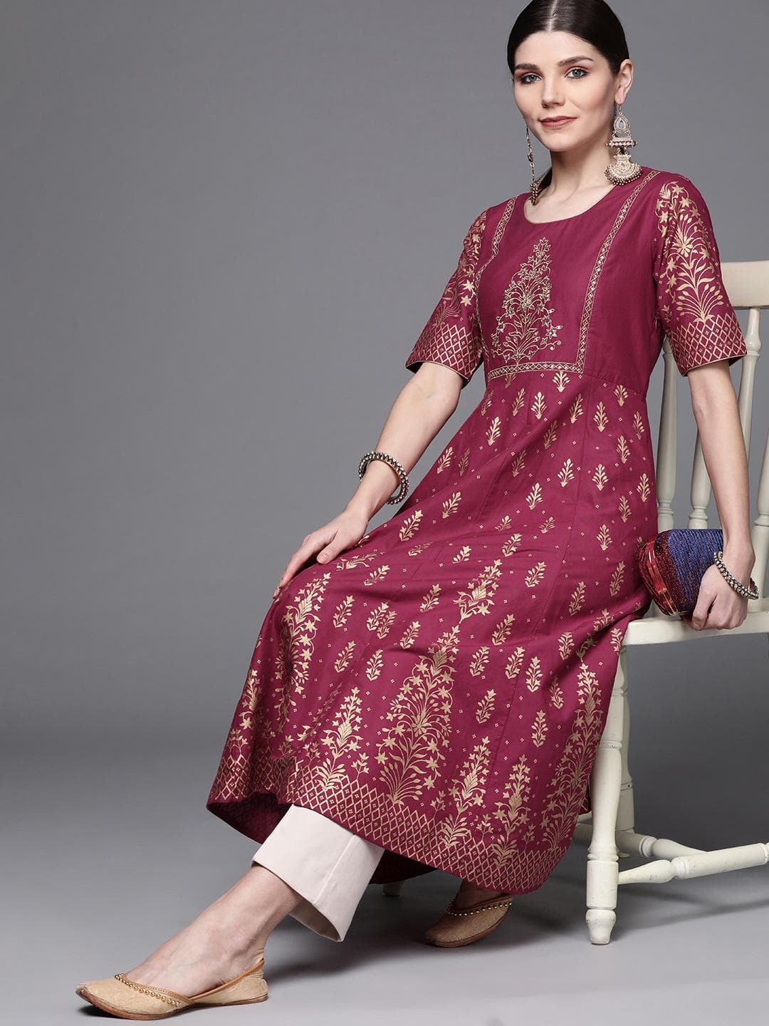 Biba Women Maroon & Golden Ethnic Motifs Printed Regular Sleeves Anarkali Kurta