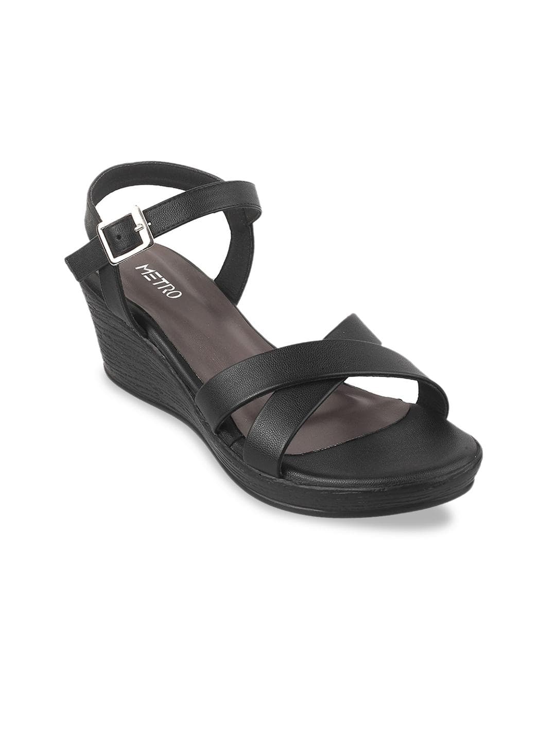 Metro Womens Black Cross Straps Wedge Sandals with Buckles