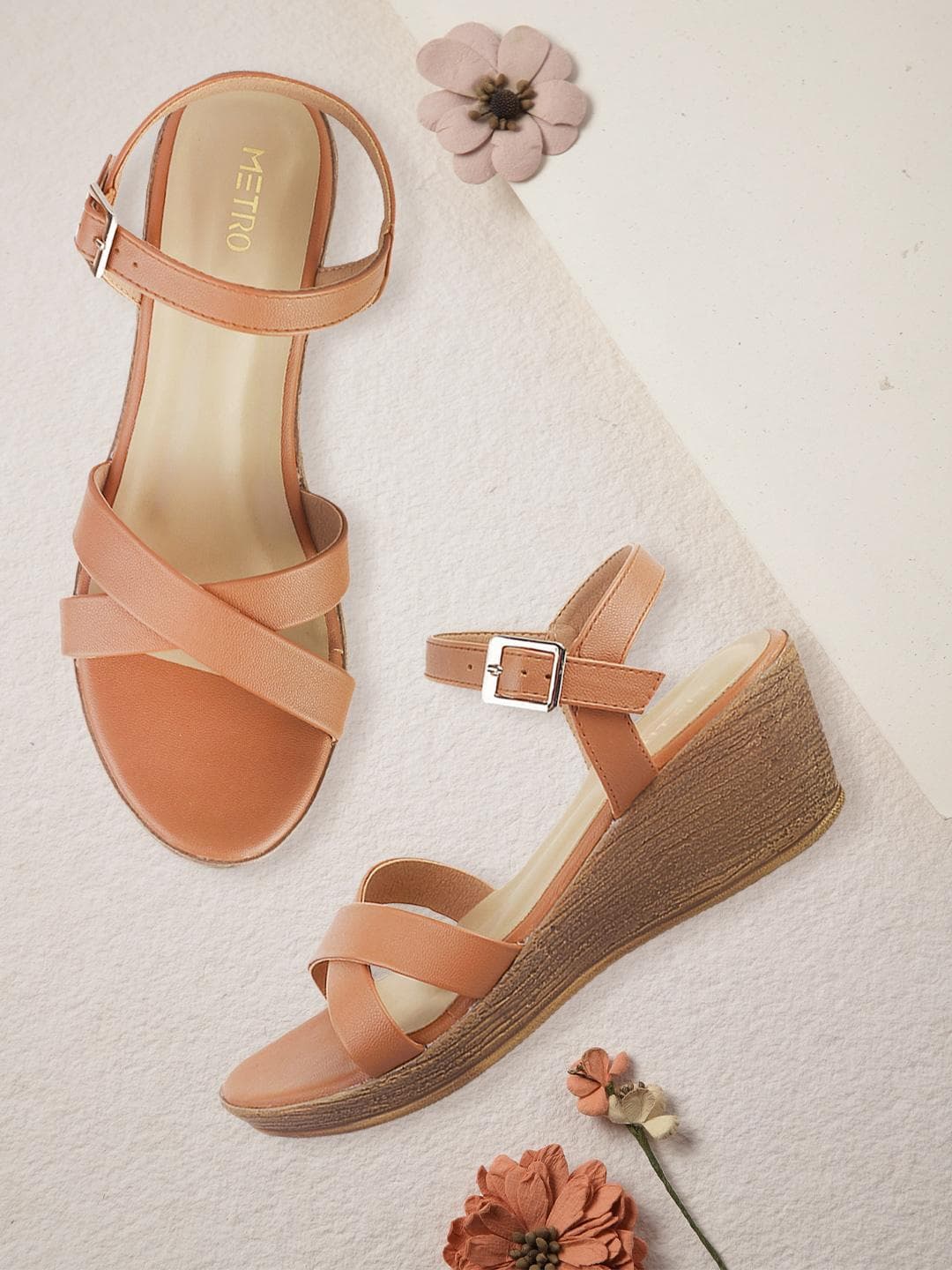 Metro Womens Tan Cross Straps Wedge Sandals with Buckles