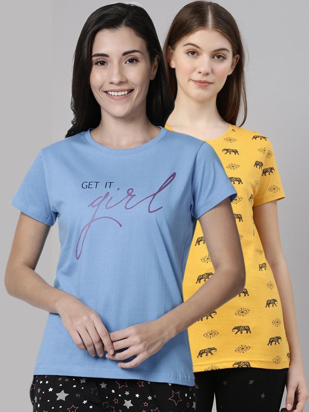 Buy Kryptic Women Pack Of 2 Printed Pure Cotton Lounge T Shirts - - Apparel for Women