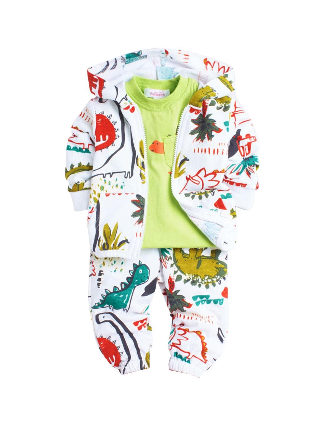 Hopscotch Boys Green & White Printed T-Shirt With Jacket And Trouser Set