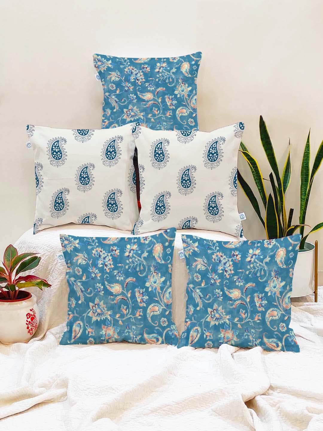 Buy STITCHNEST Blue Paisley Cotton Lightweight 5 Piece Square Cushion Covers - - Home for Unisex