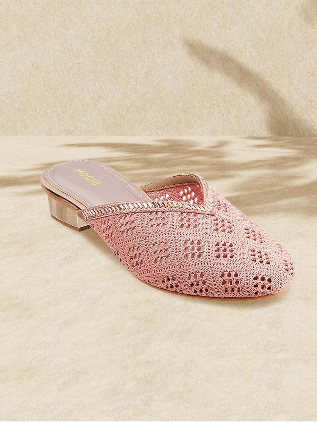Mochi Womens Pink Stylish Ethnic Woven Desgin Comfort Slip-On Mules
