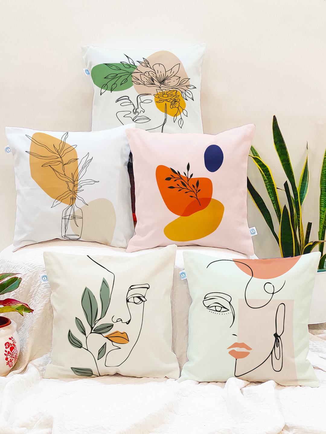 Buy STITCHNEST White Pink Leaf Cotton Lightweight 5 Piece Square Cushion Covers - - Home for Unisex
