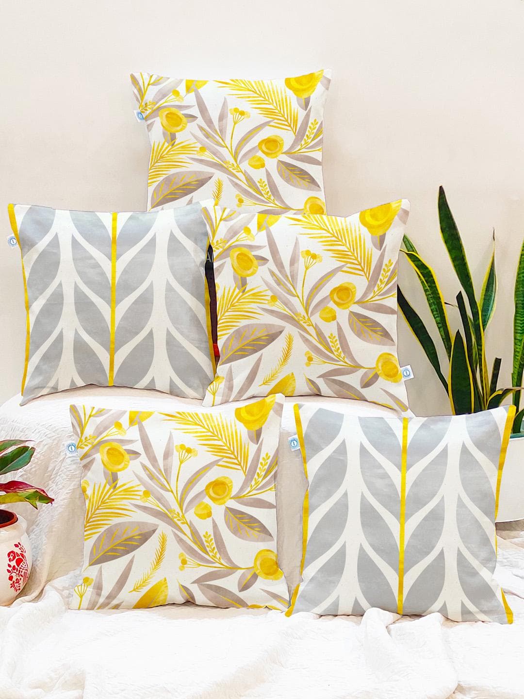 STITCHNEST Grey Floral Cotton Lightweight 5 Pcs Embellished Square Cushion Covers