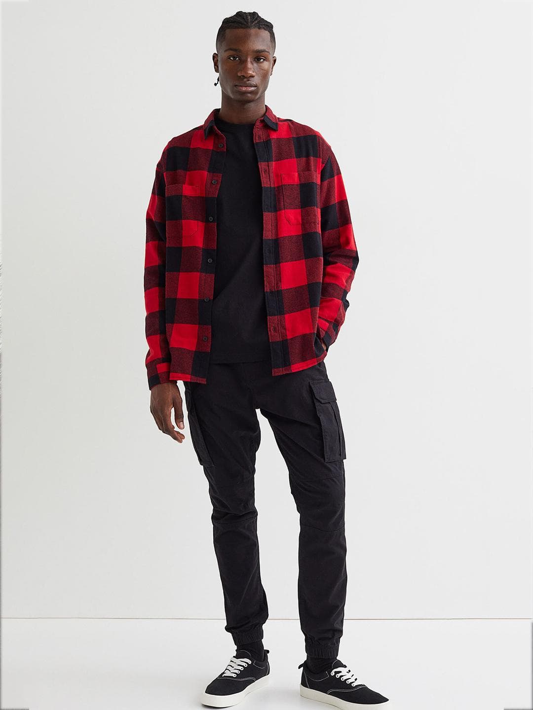 H&M Men Red & Black Checked Relaxed Fit Pure Cotton Twill Shirt