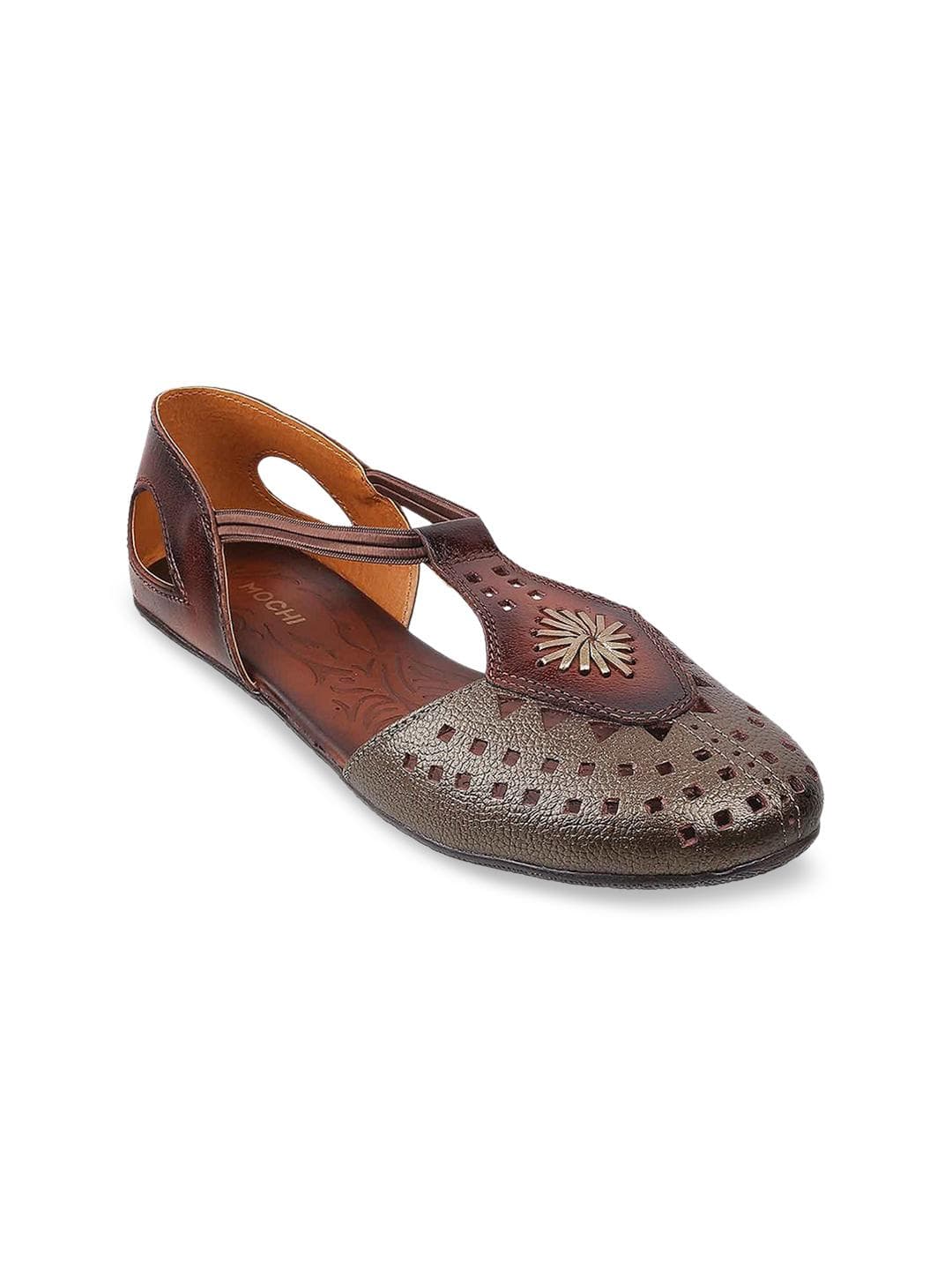 Mochi Womens Bronze -Toned Ballerinas With Laser Cuts Flats