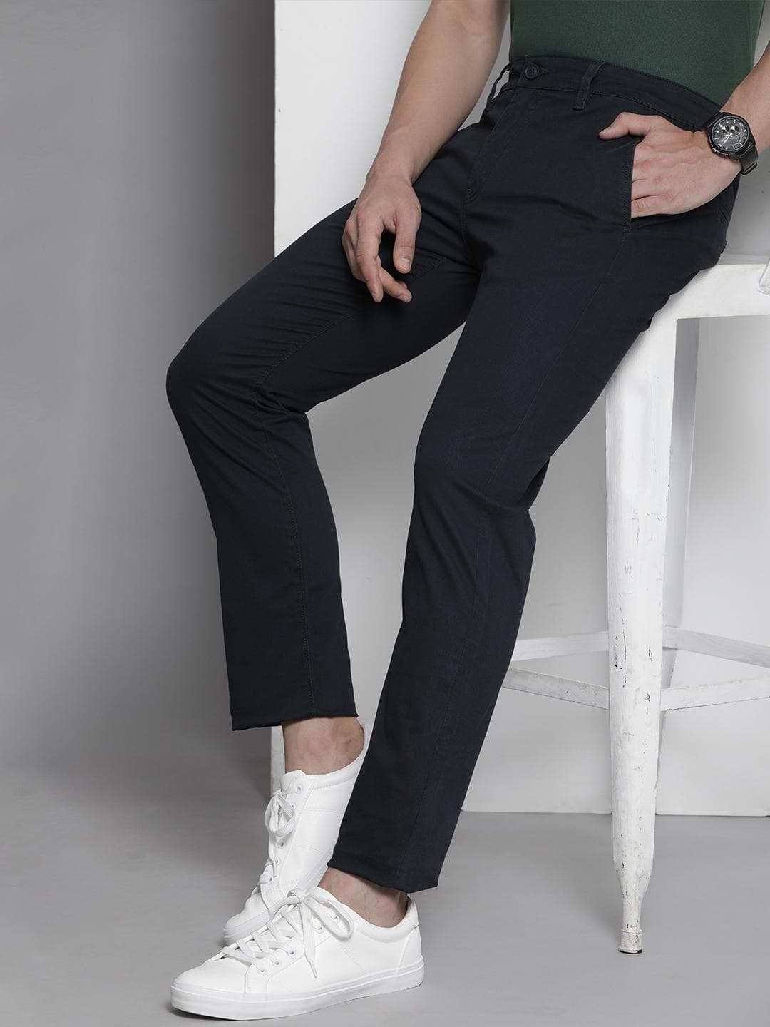 Nautica Men Navy Blue Solid Slim Fit Mid-Rise Regular Trousers
