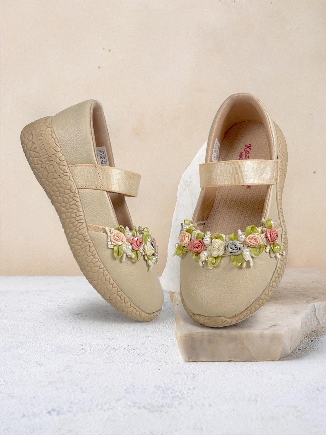 KazarMax Girls Beige PU Floral Embellished Mary Jane Ballerina Flats