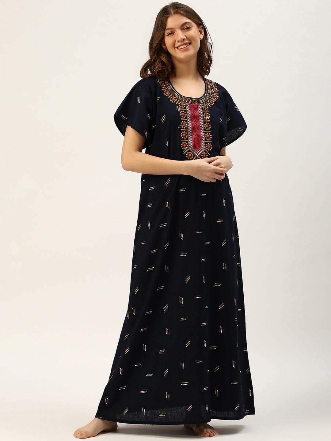 TRUNDZ Navy Blue Embroidered Organic Cotton Maxi Nightdress