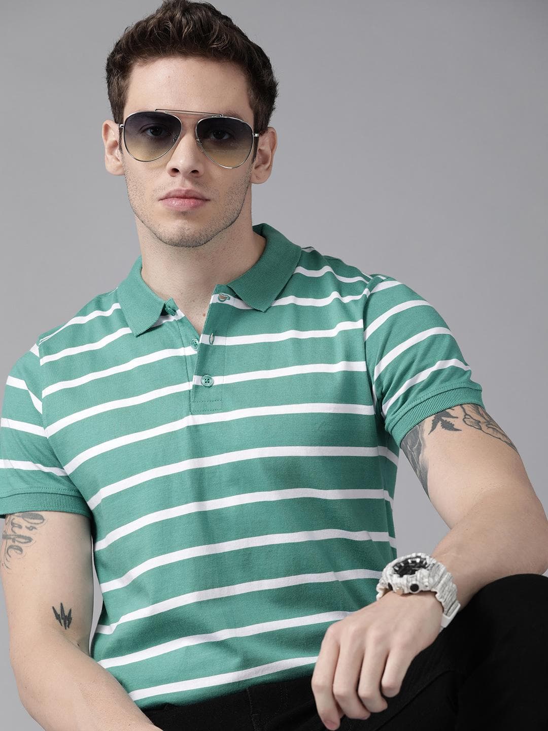 Roadster Men Sea Green & White Striped Polo Collar Pure Cotton T-shirt