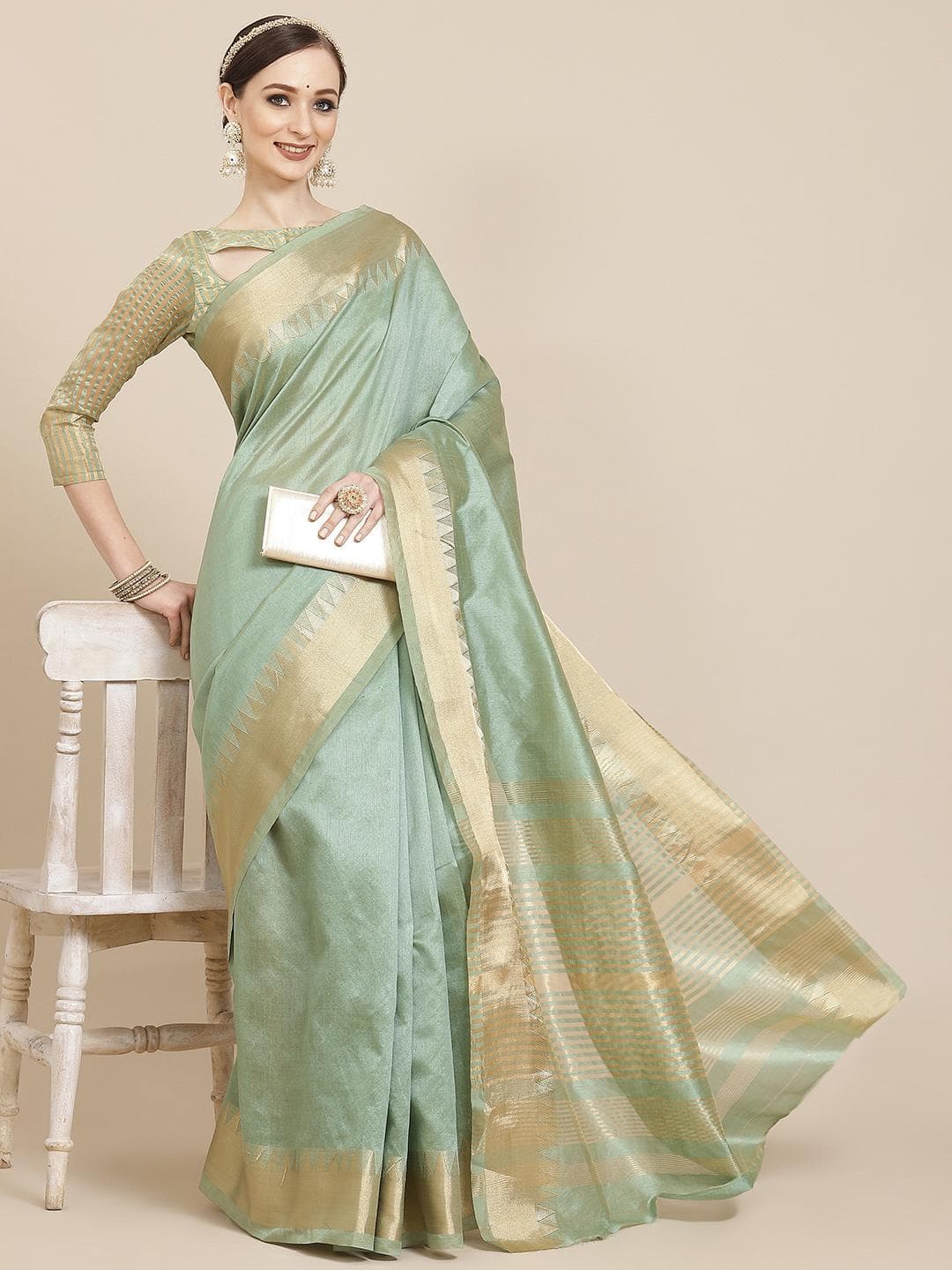 KALINI Green & Golden Solid Woven Design Saree