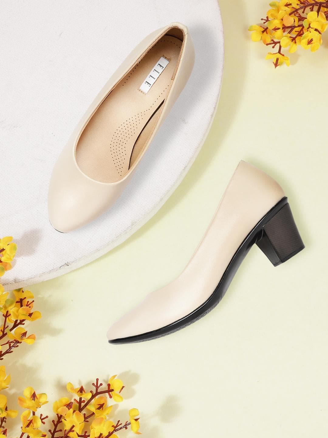 ELLE Women Cream-Coloured & Black Solid Pumps