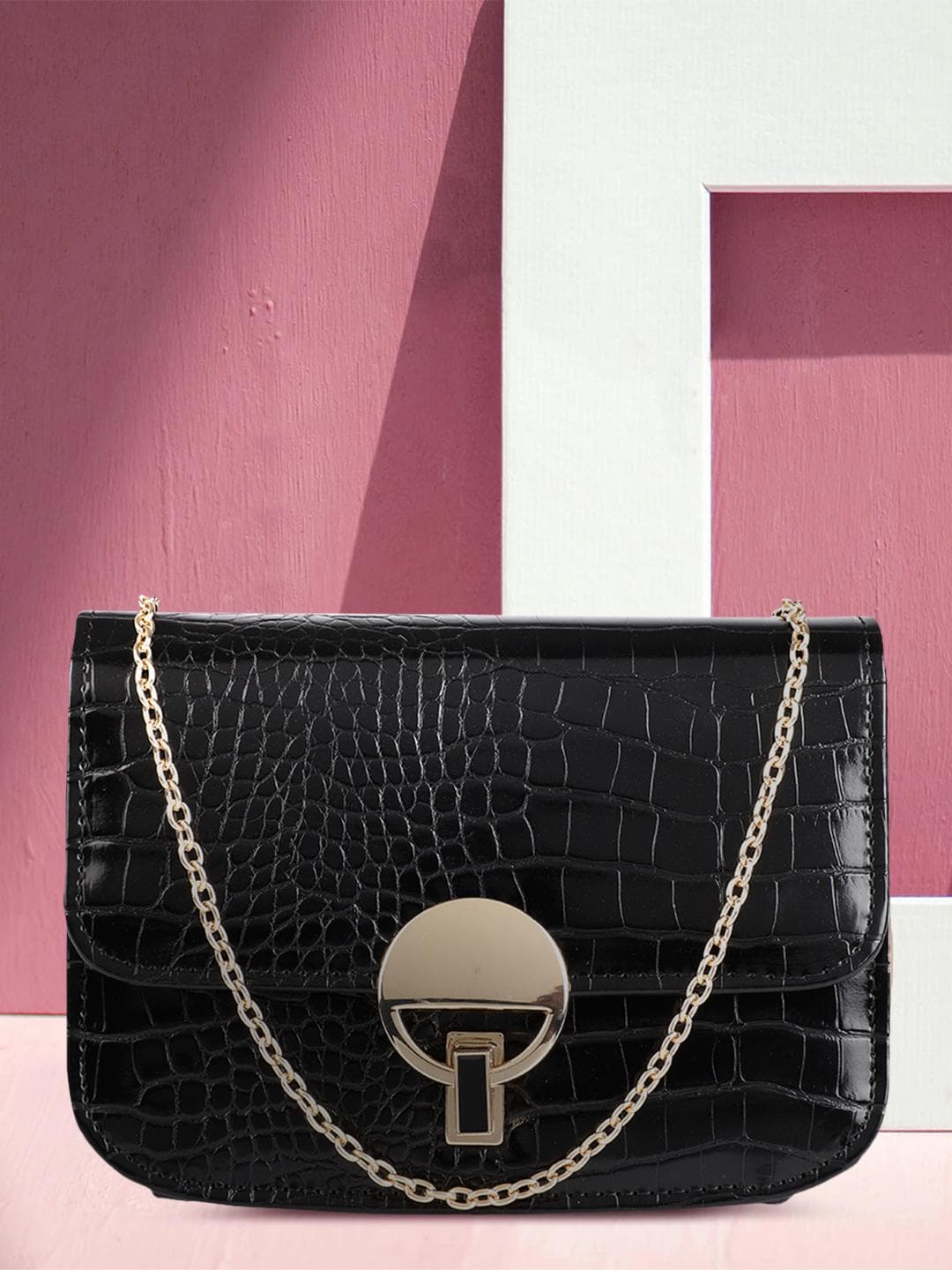 Accessorize London Women Faux Leather Croc Lock Chain Party Bag