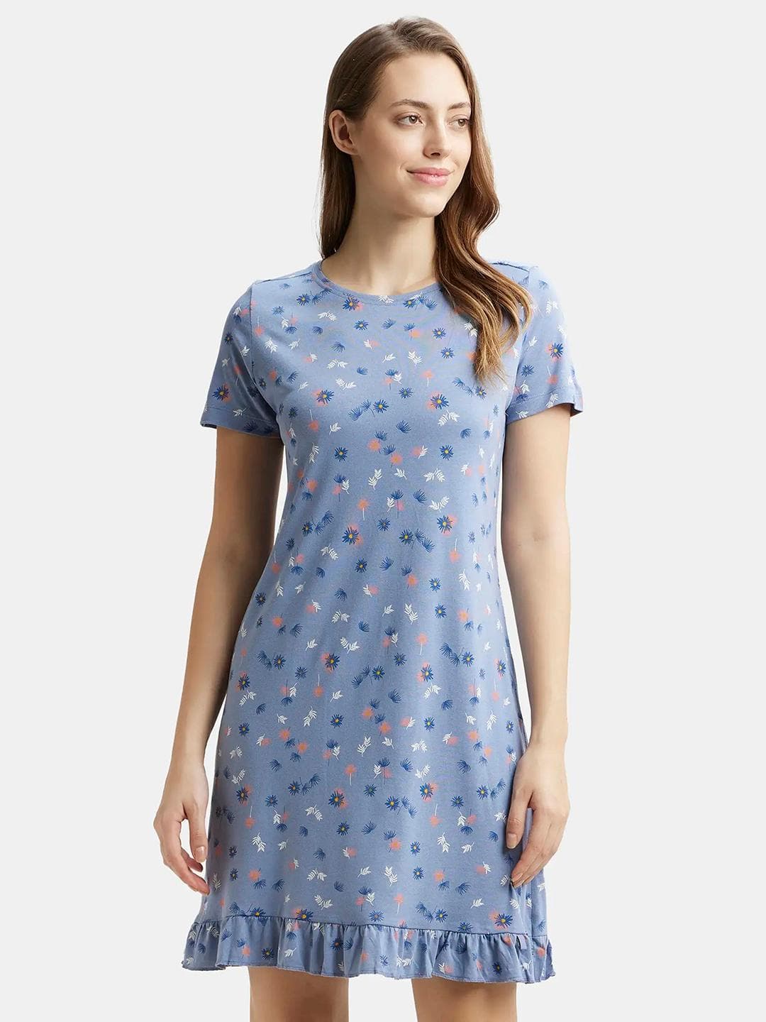 Jockey Printed Micro Modal Cotton Ruffled Hem Styled Sleep Dress-RX25