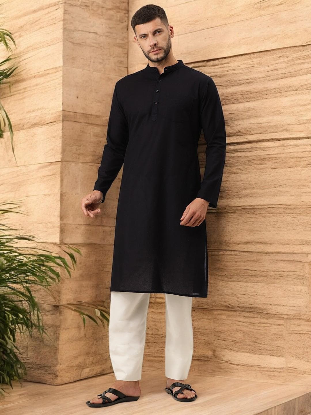 Kryptic Men Black Solid Cotton Straight Kurta
