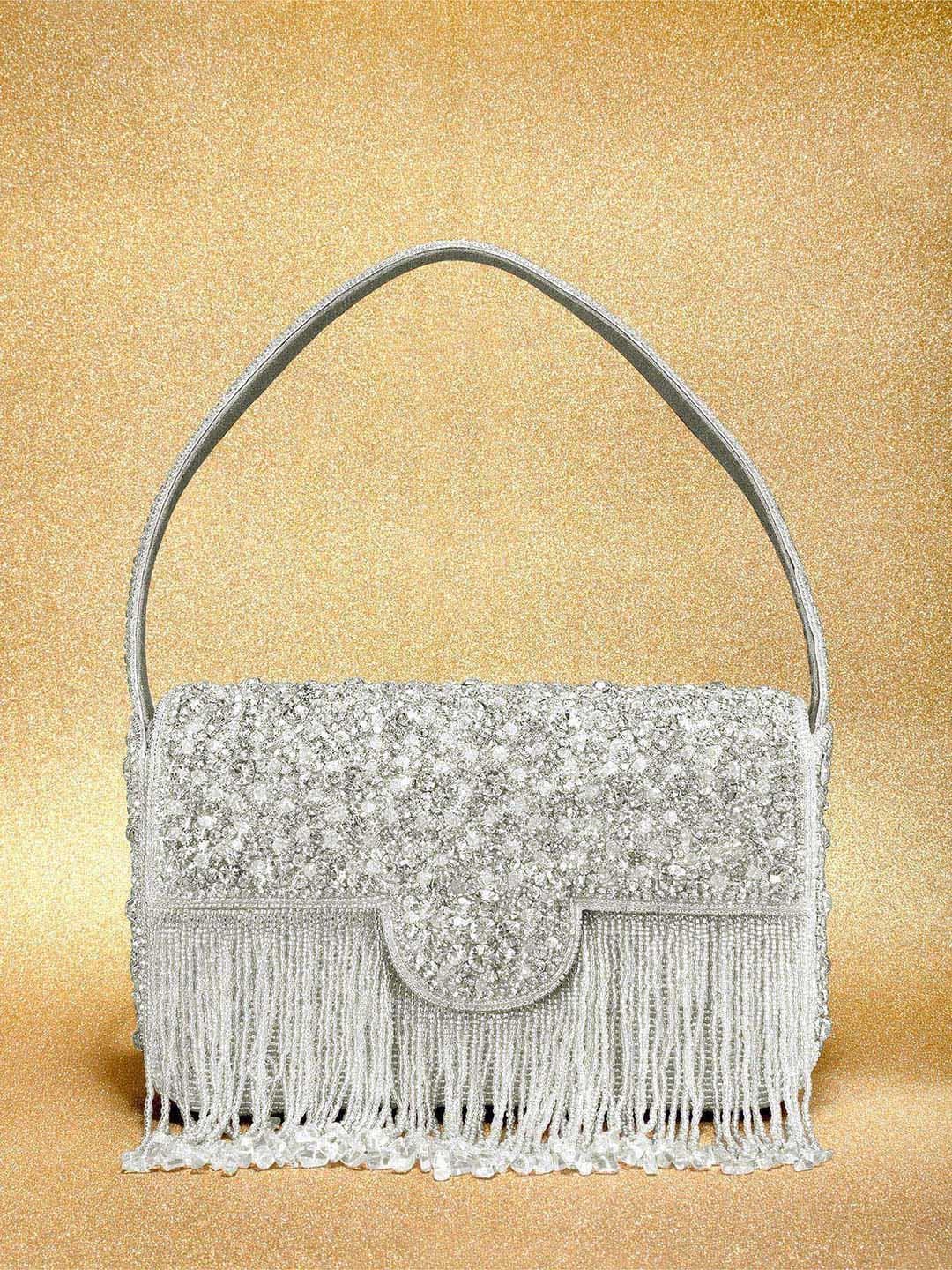 Peora Silver-Toned Embellished Stone Studded Purse Clutch