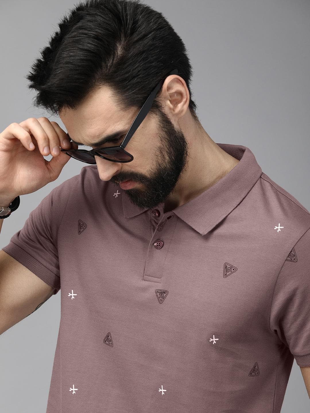 The Roadster Lifestyle Co Men Mauve Printed Pure Cotton Polo Collar T-shirt