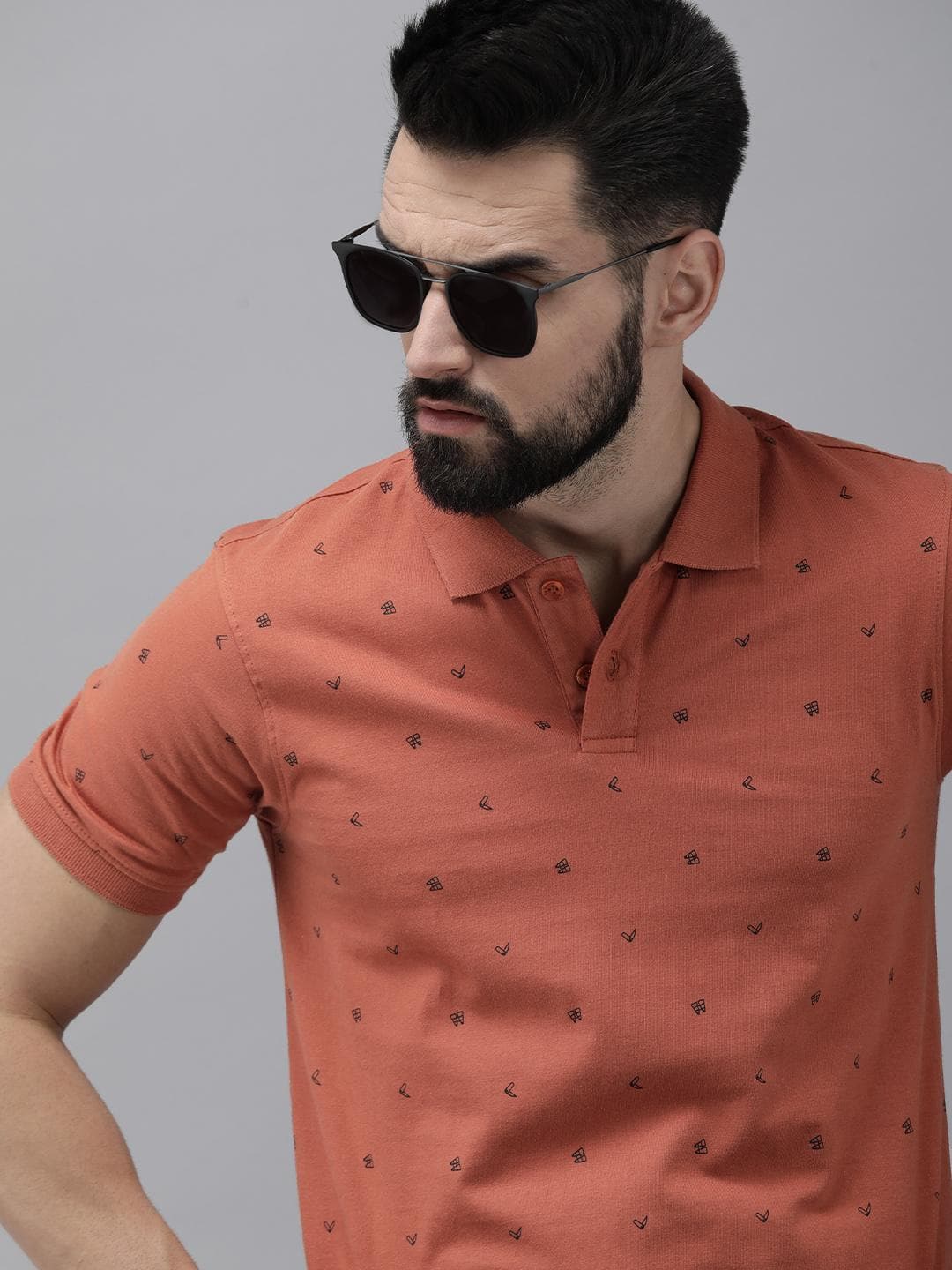 Roadster Men Rust & Black Printed Pure Cotton Polo Collar T-shirt