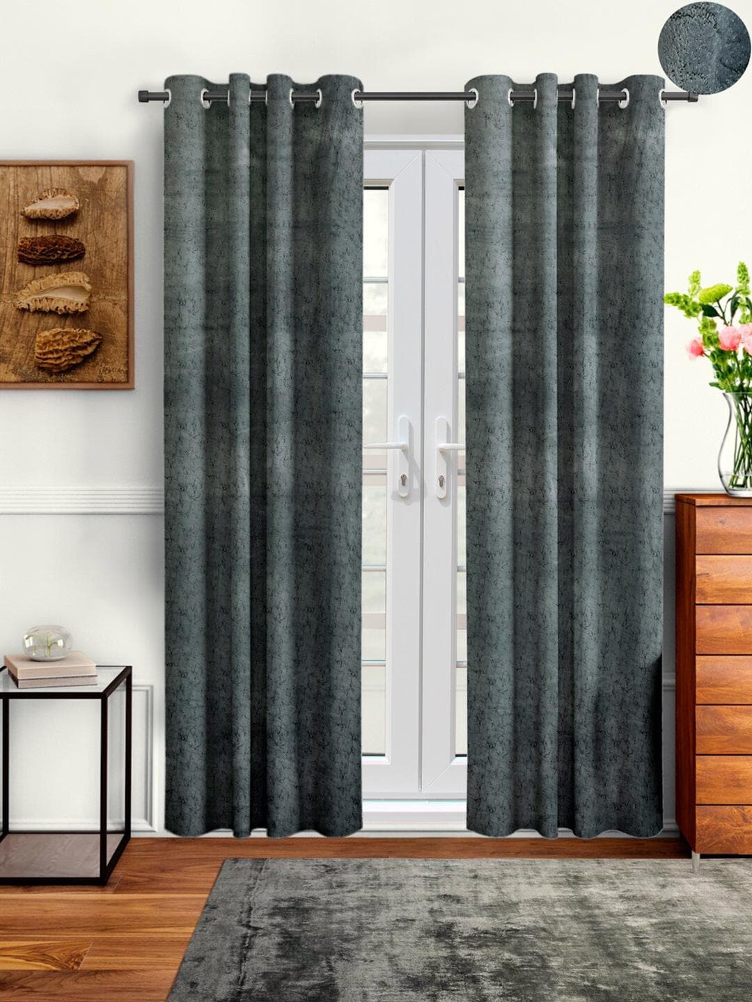 Buy Cortina Set Of 2 Grey Abstract Printed Room Darkening Velvet Door Curtains - - Home for Unisex
